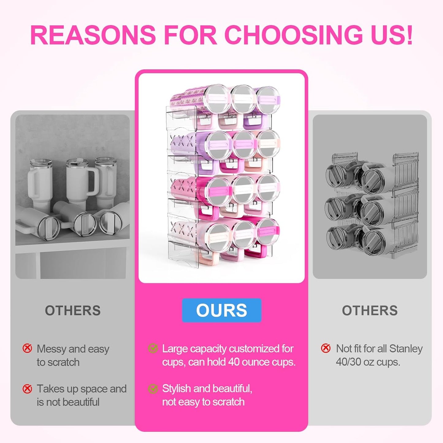 JYPS Tumbler Organizer, Acrylic Water Bottle Storage For Full Stanley 40oz Tumbler, Stackable Handle Cup Holder For Home Kitchen Pantry Countertop Cabinet, Size For Stanley/HydroJug/Owala/YETI/BrüMate