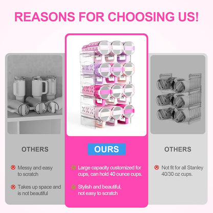 JYPS Tumbler Organizer, Acrylic Water Bottle Storage For Full Stanley 40oz Tumbler, Stackable Handle Cup Holder For Home Kitchen Pantry Countertop Cabinet, Size For Stanley/HydroJug/Owala/YETI/BrüMate