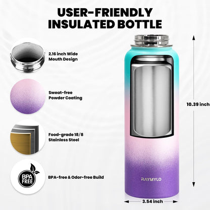 RAYMYLO One Gallon Water Bottle Insulated, Triple Walled Vacuum Stainless Steel (Cold for 48 Hrs), Leak Proof & Non-BPA, Large Water Flask Jug with Paracord Handle & Straw Spout Lids
