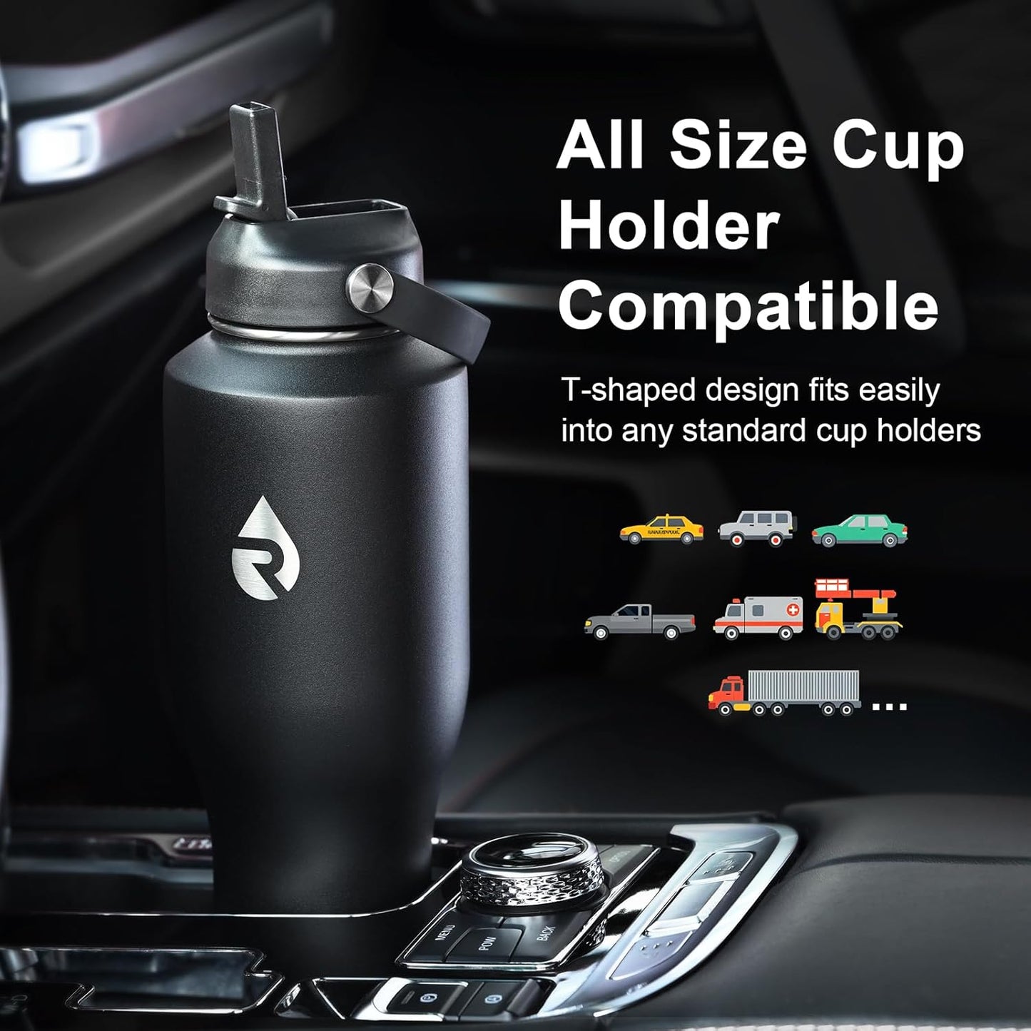 RAYMYLO 40 oz Insulated Water Bottle with Straw fit in Car Cup Holder, Triple Wall Vacuum Stainless Steel(Cold 48 hrs, Hot 24 hrs), Leakproof & Non-BPA, Hydro Travel Flask with Straw and Spout Lid