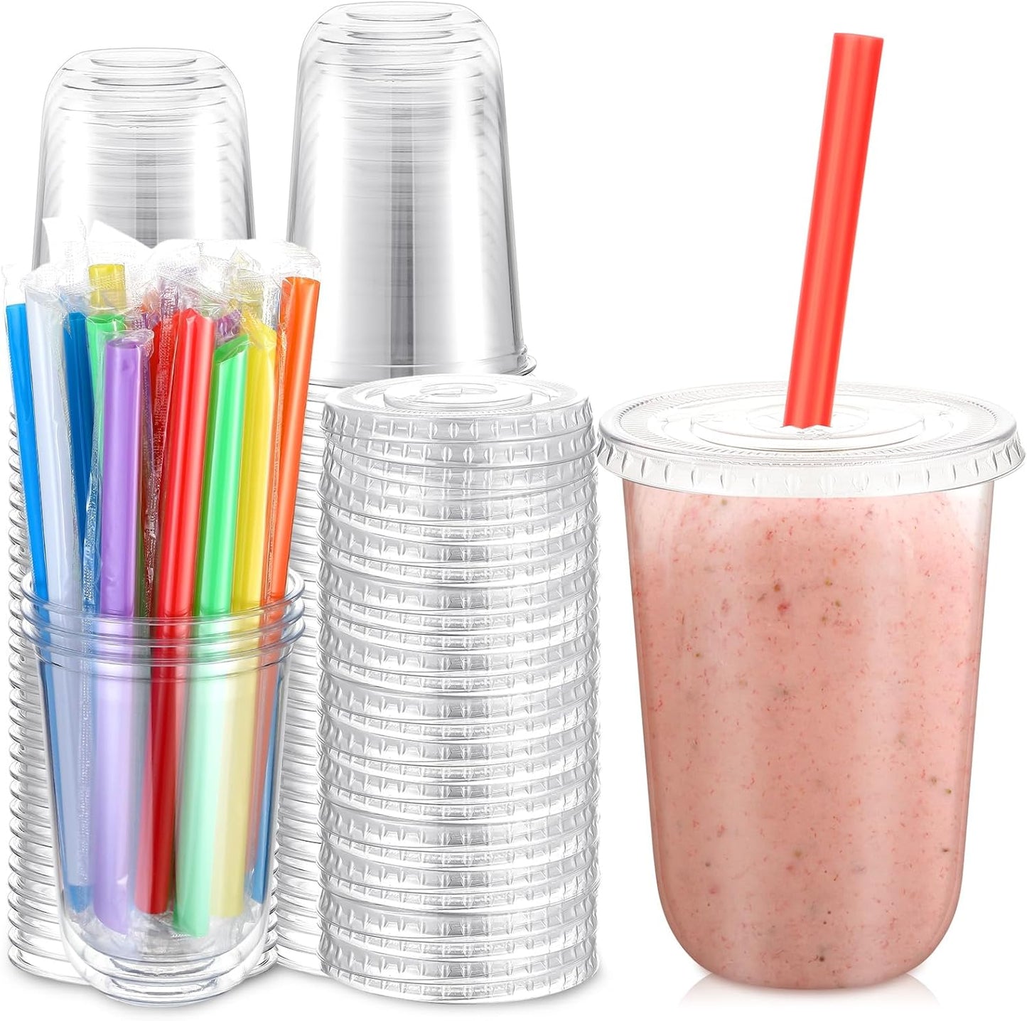 Ziliny 50 Sets 12 oz Clear Cups with Lids and Jumbo Smoothie Straws Disposable Plastic Cups for Smoothies, Bubble Milk Tea, Milkshakes, Cold Drinks (Multicolor)