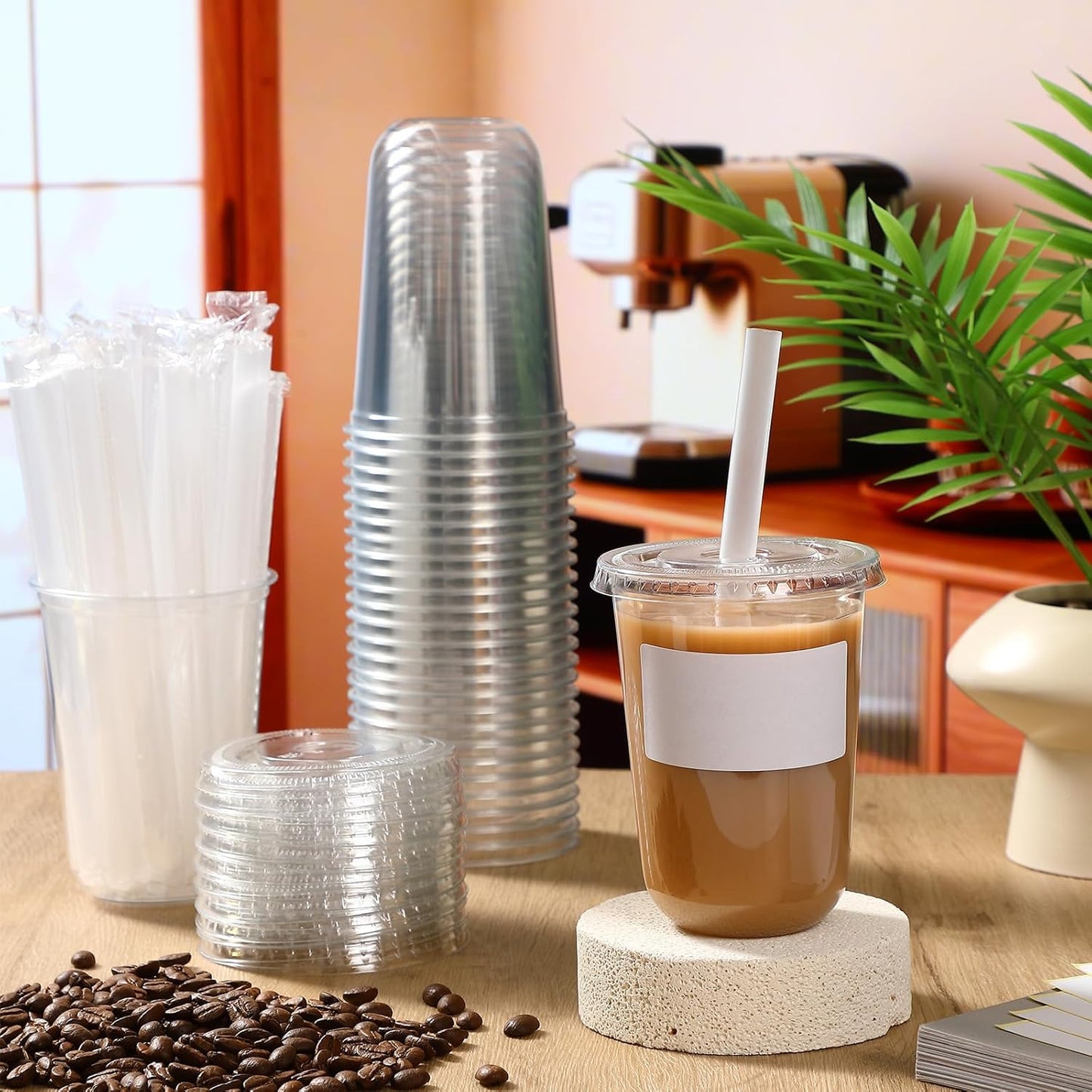 Ziliny 50 Sets Crystal Clear Plastic Cups with Lids, Straws and Stickers, Disposable Iced Coffee Cups Thickened PET for Iced Coffee, Bubble BobaTea, Smoothie, Cold Drinks, Juice, Shops (12 oz)