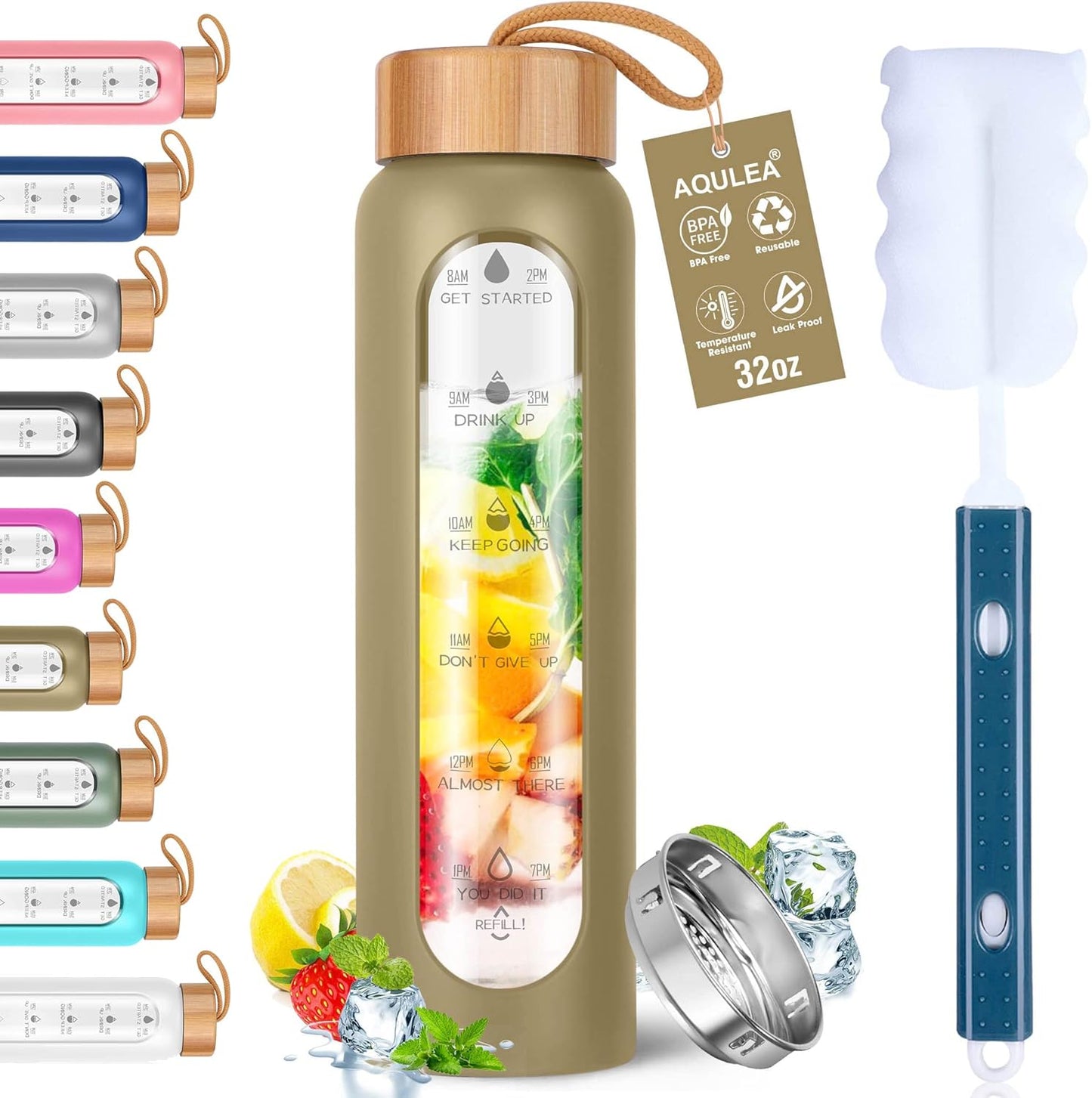 Aqulea Glass Water Bottles 25 Oz with Silicone Sleeve - BPA Free Reusable Wide Mouth Glass Motivational Water Bottles with Fruit Infuser – Leak Proof Borosilicate Water Bottle with Time Marker (White)