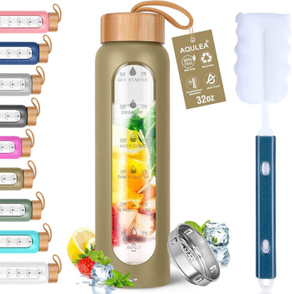 Aqulea Glass Water Bottles 25 Oz with Silicone Sleeve - BPA Free Reusable Wide Mouth Glass Motivational Water Bottles with Fruit Infuser – Leak Proof Borosilicate Water Bottle with Time Marker (White)