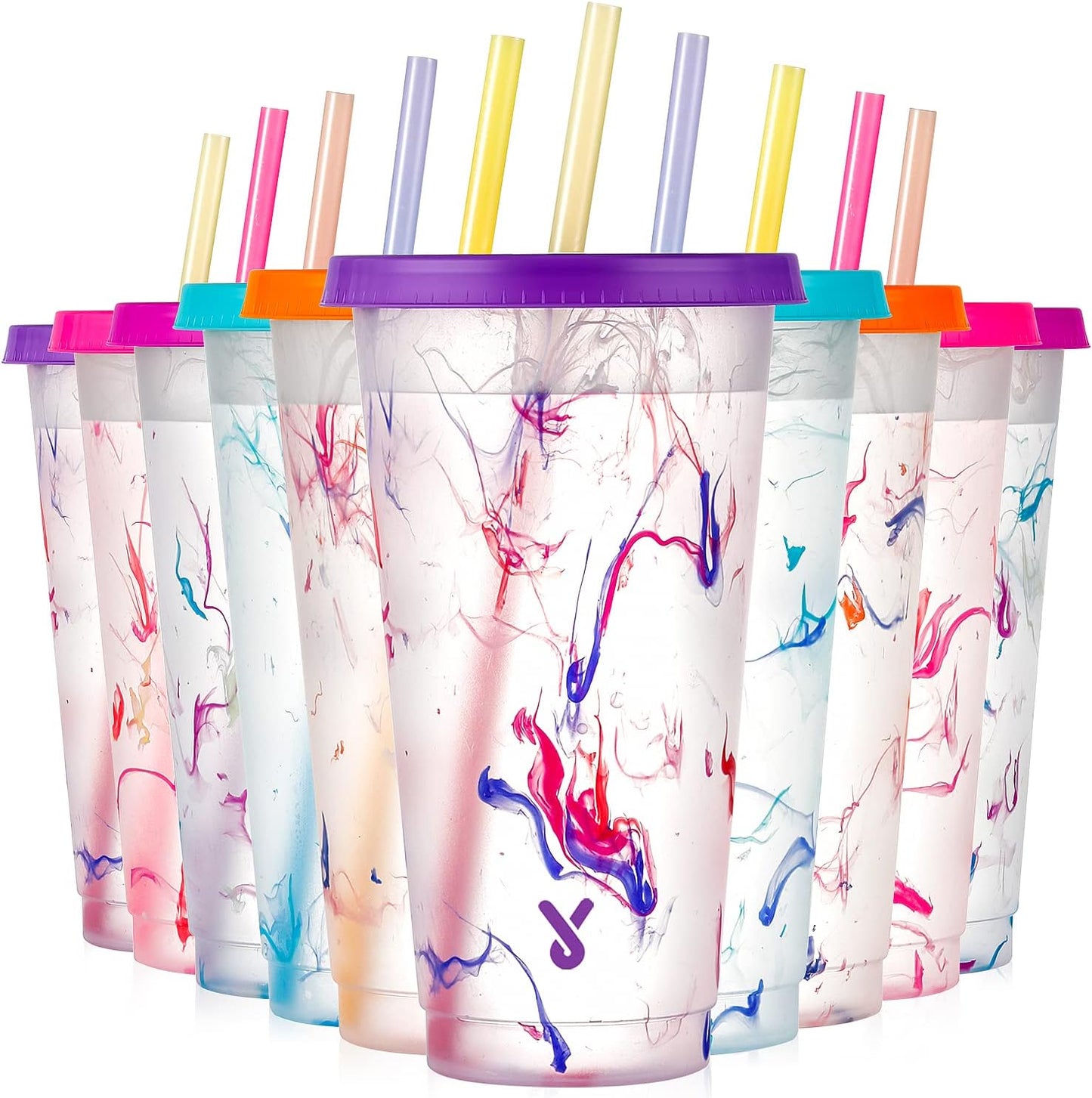 Meoky Color Changing Cold Cups with Lids and Straws - 5 Pack 24 oz Plastic Cute Tumblers Bulk, Reusable for Kids Women Party, Iced Coffee(Swirl)