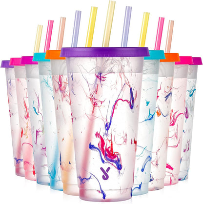 Meoky Color Changing Cold Cups with Lids and Straws - 5 Pack 24 oz Plastic Cute Tumblers Bulk, Reusable for Kids Women Party, Iced Coffee(Swirl)