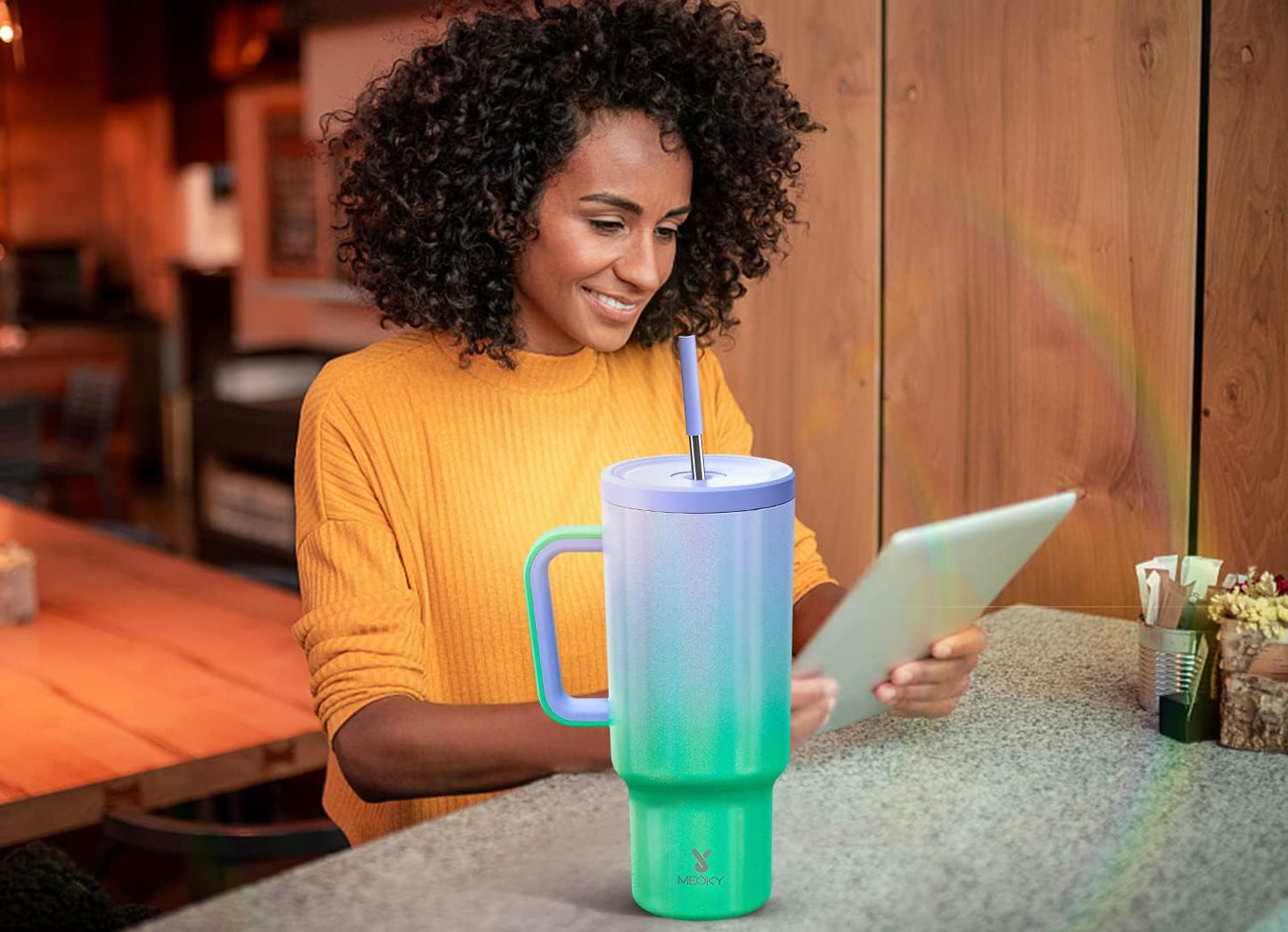 Meoky 40 oz Tumbler with Handle and Straw: Stainless Steel Insulated Tumbler with Lid and Straw - 100% Leak Proof Tumbler for Car Cup Holders - Travelers Commuters Workers, Donut