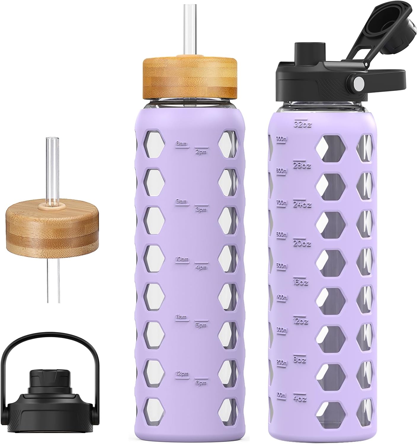 MUKOKO Glass Water Bottles, 32oz Glass Tumbler with Straw, Drinking Bottles with 2 Lids-Handle Spout Lid&Bamboo Straw Lid, Motivational Water Bottle with Time Marker and Silicone Sleeve, 1 Pack-Olive