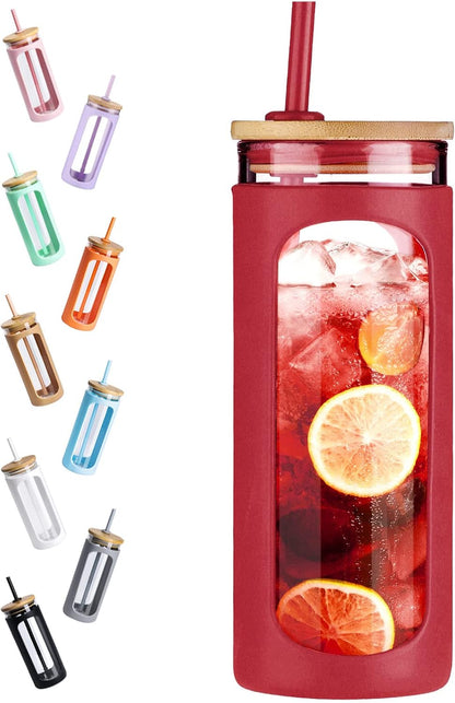 Kodrine 20oz Glass Water Tumbler with Straw and Lid, Bamboo Lids Water Bottle, Iced Coffee Cup Reusable, Wide Mouth Smoothie Cups with Protective Silicone Sleeve BPA FREE-Black - Colors B