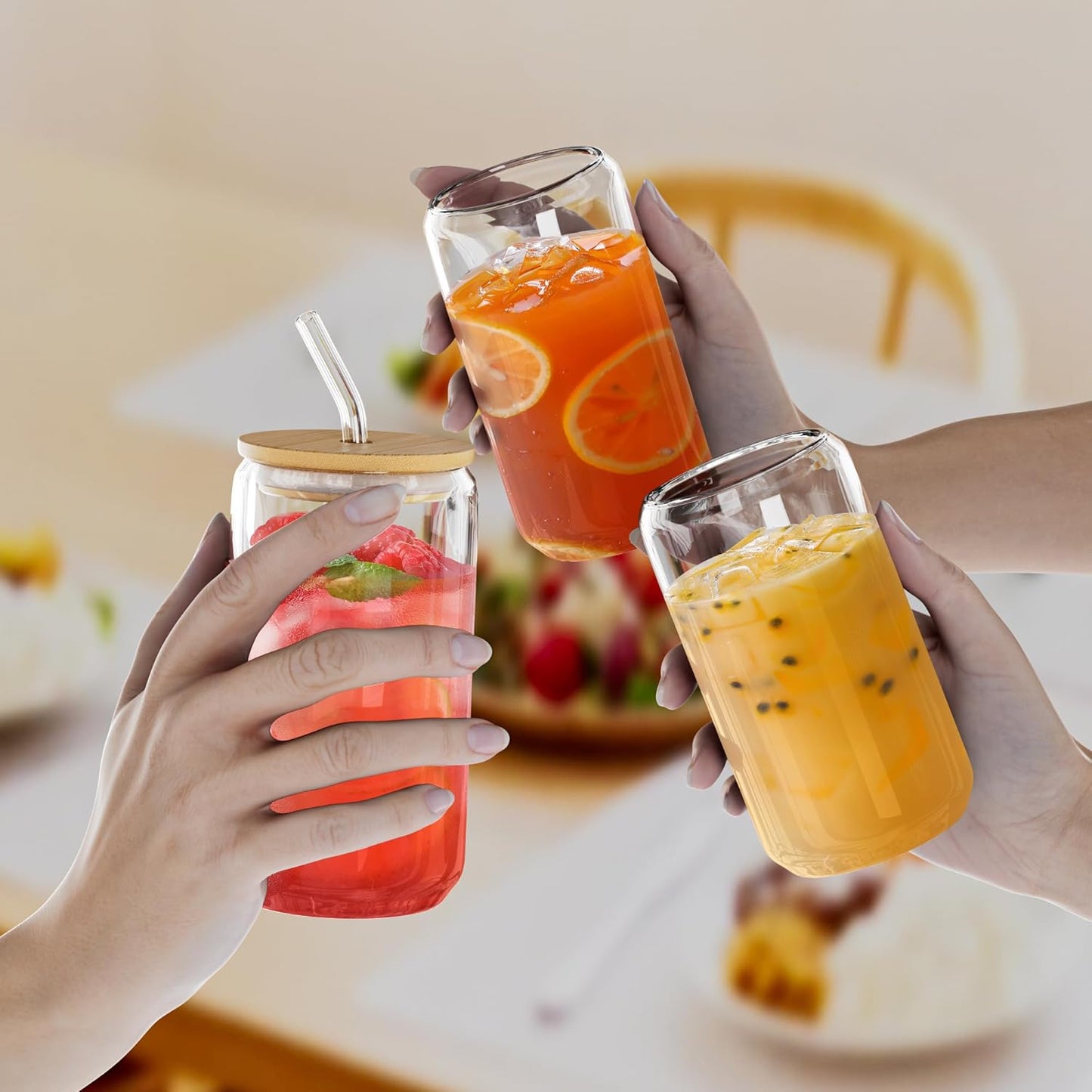 12 Pcs Glass Cups with Bamboo Lids and Straws - 16oz Glass Tumbler, Iced Coffee Cup, Can Shaped Drinking Glasses for Coffee, Tea, Smoothie, Juice, Cocktail Include 2 Cleaning Brushes