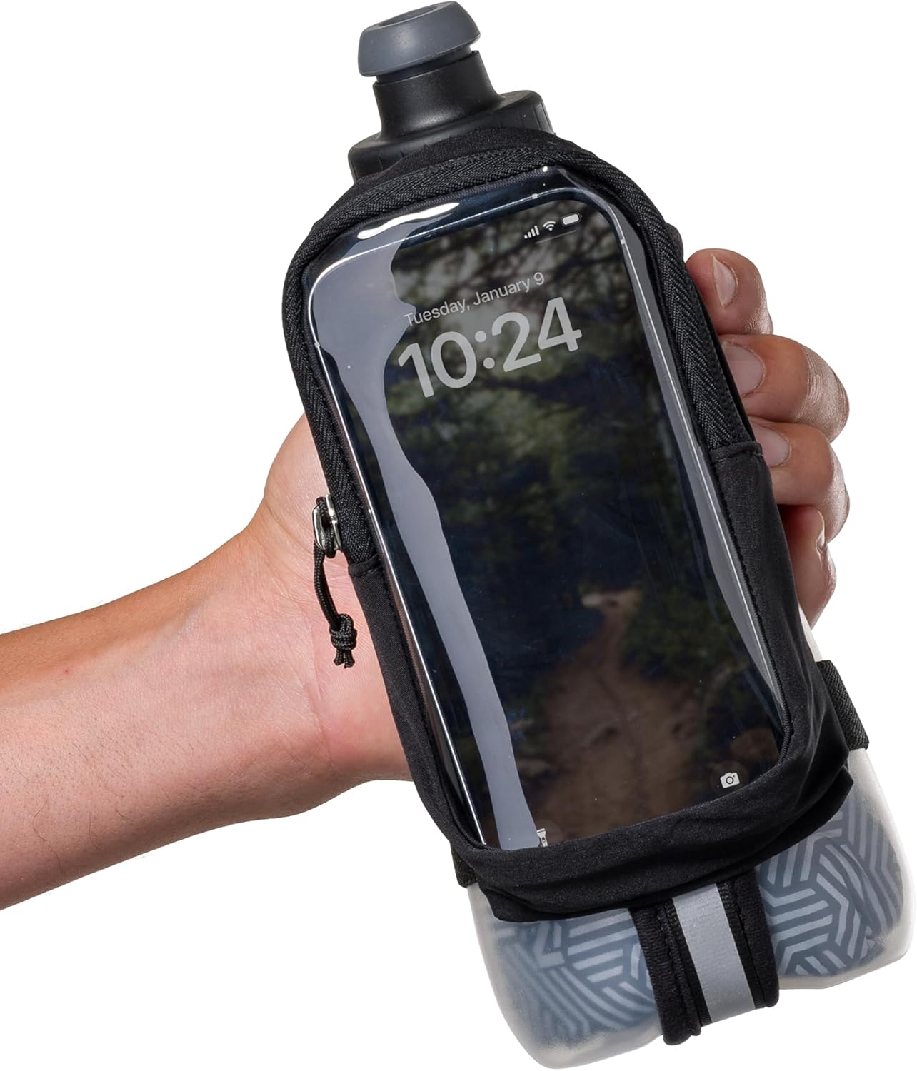 Nathan SpeedDraw 2 Insulated Handheld Running Water Bottle Flask 18oz – Double-Wall Insulation, Ergonomic Grip, Blast Valve Cap, Phone & Key Storage Pockets, Reflective Design