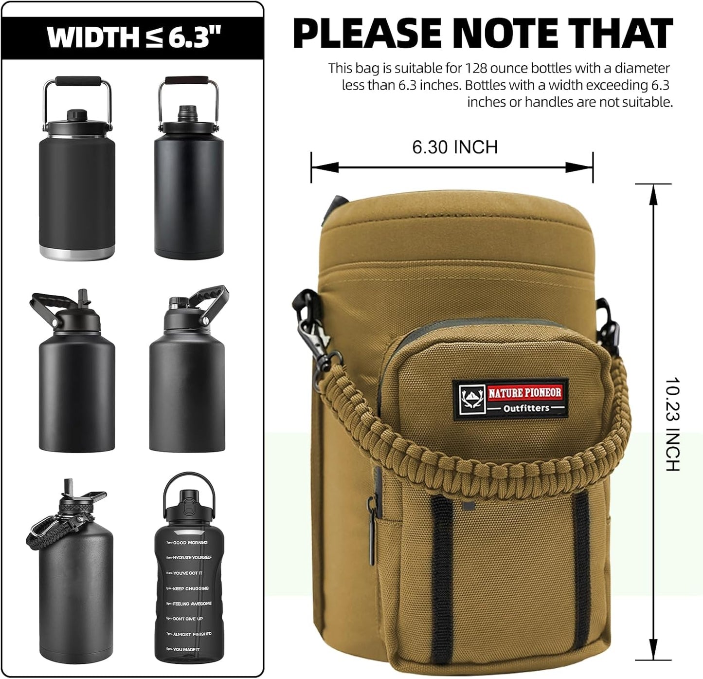 NATURE PIONEOR Water Bottle Holder with Adjustable Strap - Half/One Gallon (64/128oz) Insulated Water Bottle Sling Carrier with Phone Pocket & Paracord Handle, Outdoor Camping, Hiking, Gym