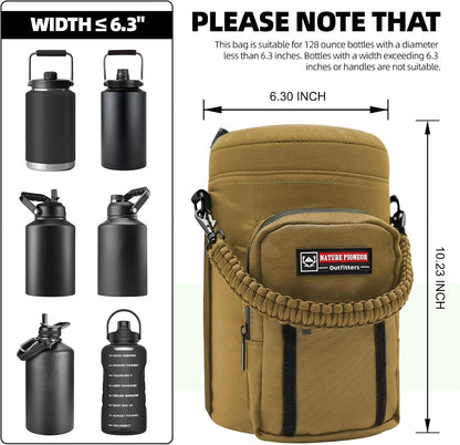 NATURE PIONEOR Water Bottle Holder with Adjustable Strap - Half/One Gallon (64/128oz) Insulated Water Bottle Sling Carrier with Phone Pocket & Paracord Handle, Outdoor Camping, Hiking, Gym