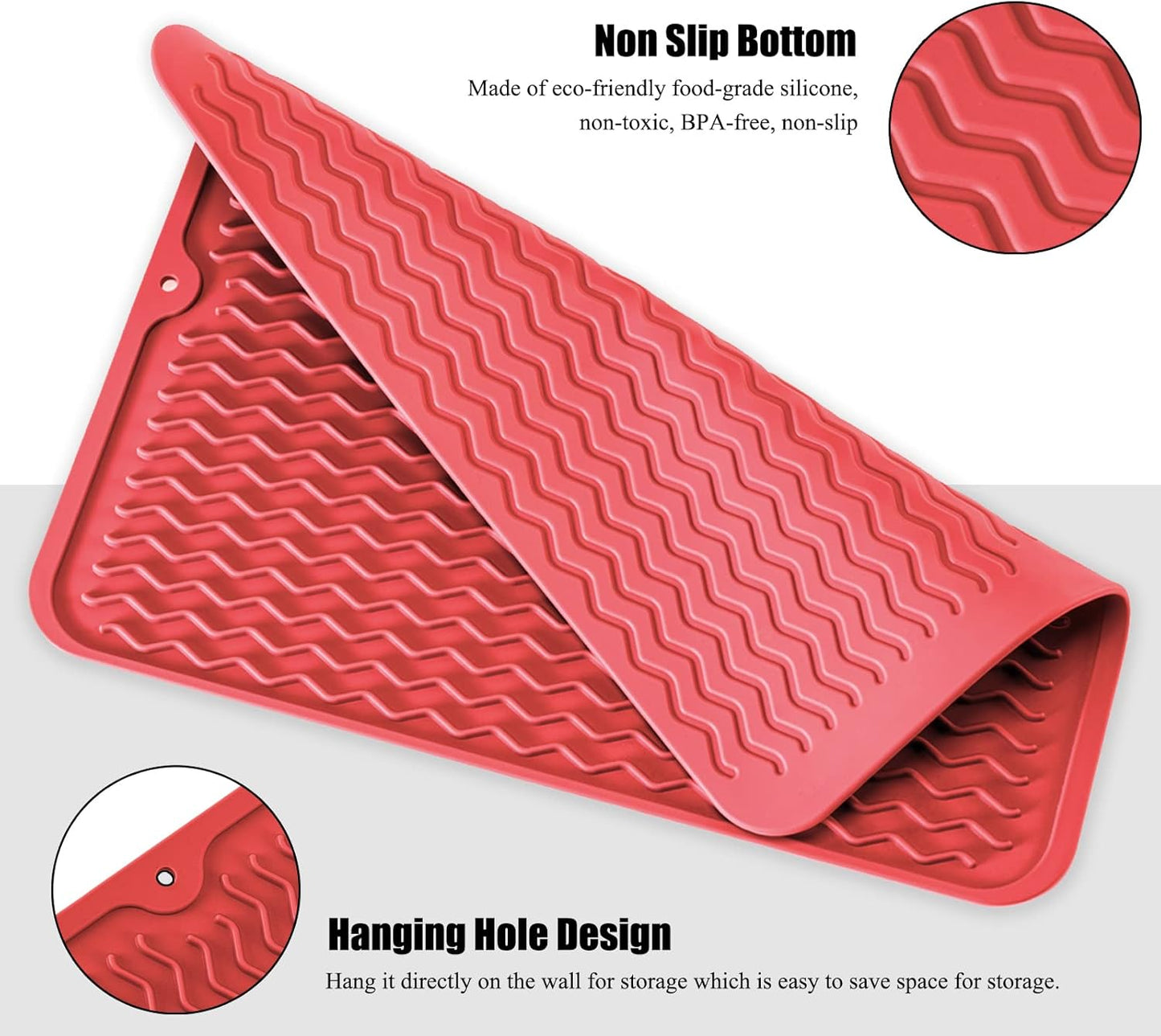 Silicone Dish Drying Mat, Non-Slip Easy Clean Sink Mat Large Heat-resistant Dish Drainer Mat for Kitchen Counter, Sink, Refrigerator or Drawer liner (12" x 6", BLACK)
