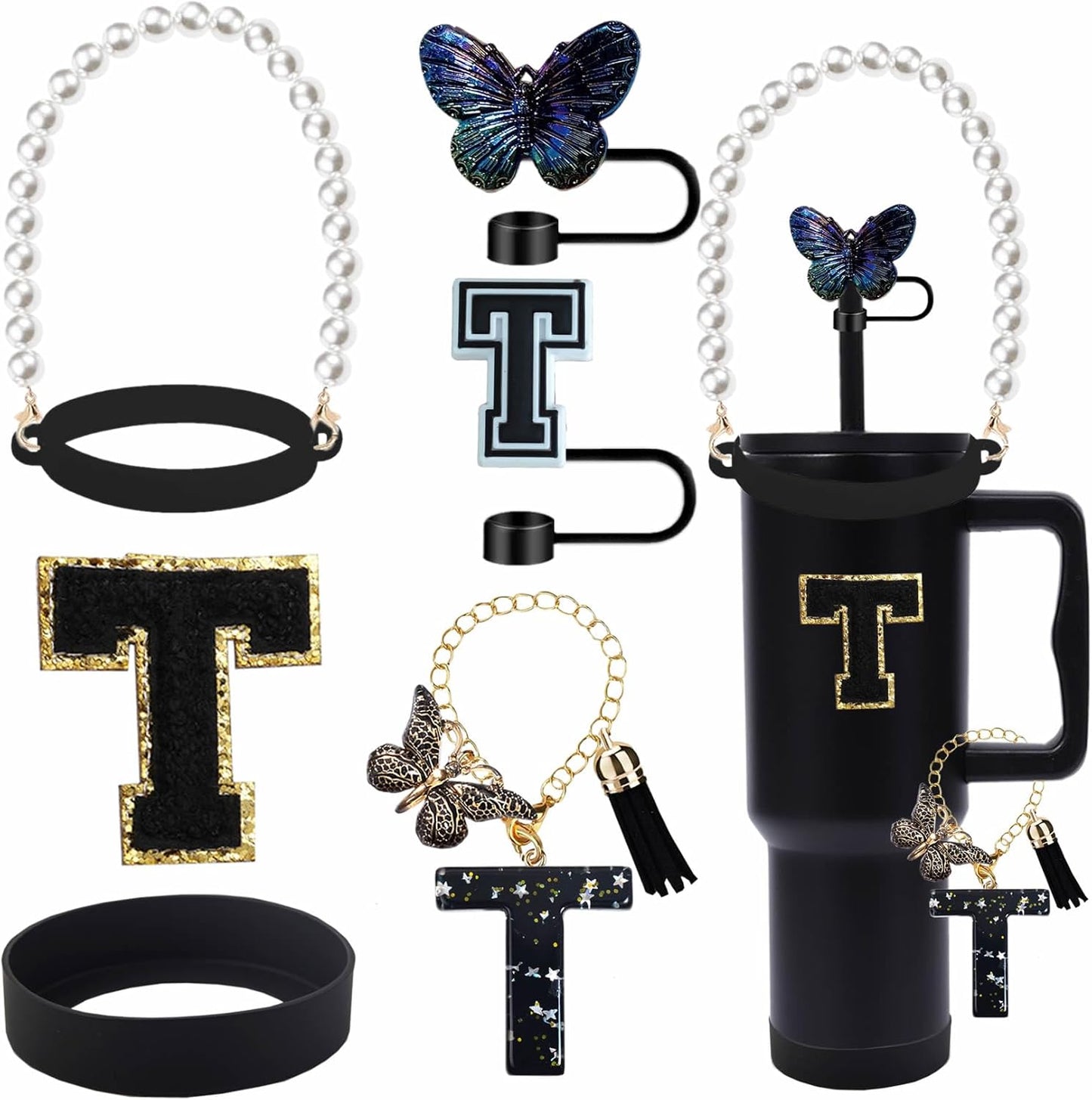 7pcs Cup Accessories for Stanley 30/40oz Tumbler, Handle Strap, Straw Cover, Silicone Boot, Letter Charm Stickers