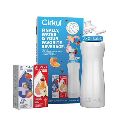 Cirkul 32oz. Chameleon Stainless Steel Water Bottle Starter Kit with Green Lid, 2 Flavor Cartridges (1 LifeSip Blackberry Blueberry, 1 GoSip Berry Blue Punch) No Sugar, Zero Calorie Drink Mix