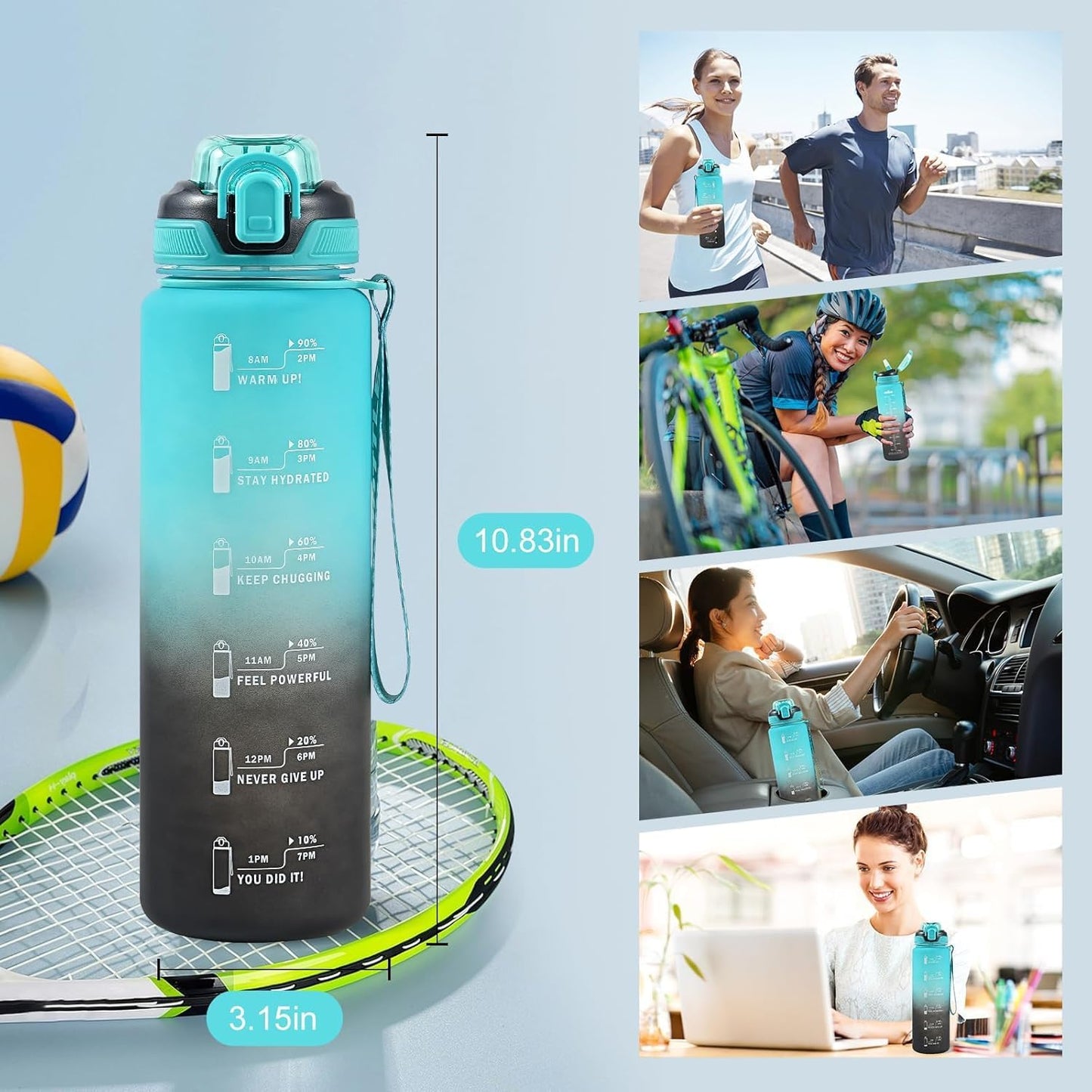 Water Bottle with Straw 1L,Boys Water Bottles with Straw 1 Litre,Waterbottle Leak-Proof Sports Water Bottle,Plastic Drinks Bottles Toxin Free，Bpa-Free (Cyan Black)