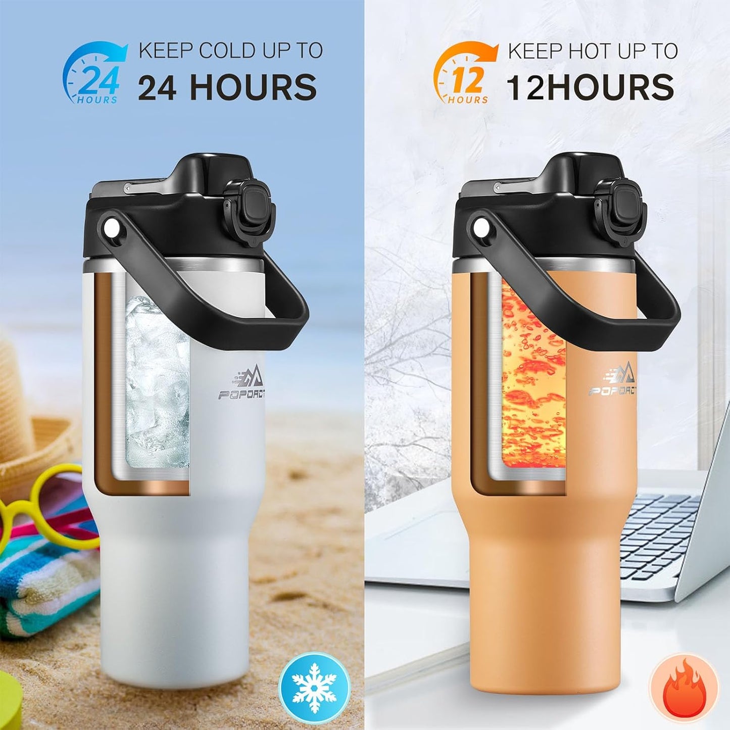 Insulated Tumbler,34 oz Stainless Steel Water Bottle, BPA-Free, Double-Walled Vacuum, Flip Straw for Travel, Keeps Drinks Hot & Cold for 12 Hours,For Outdoors Car Gym Office (White)