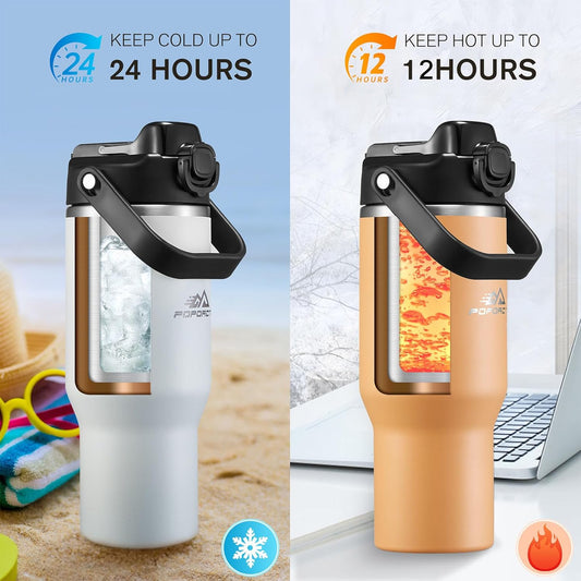 Insulated Tumbler,34 oz Stainless Steel Water Bottle, BPA-Free, Double-Walled Vacuum, Flip Straw for Travel, Keeps Drinks Hot & Cold for 12 Hours,For Outdoors Car Gym Office (White)