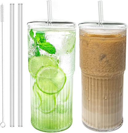 Luiaiog 20 oz Glass Cups with Lids and Straws – Single Reusable Tumbler, Thickened Shatter-Resistant Glass, Ideal for Iced Coffee, Smoothies, Cocktails, Juices – Elegant & Durable Drinkware