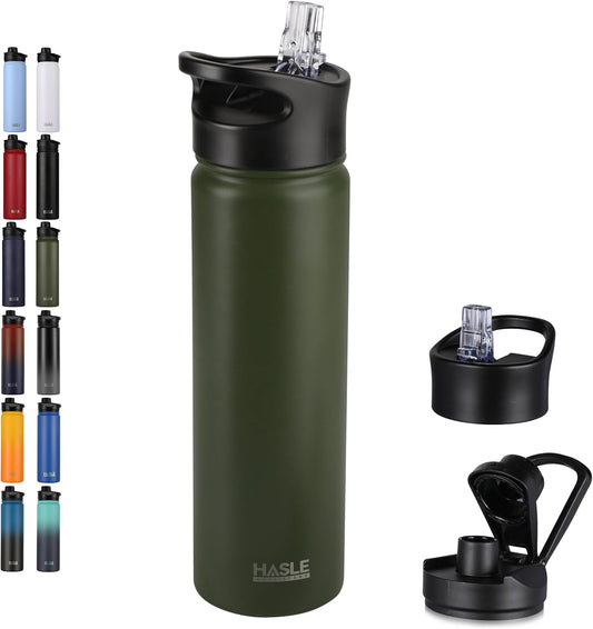 HASLE OUTFITTERS 32 oz Insulated Water Bottle Stainless Steel Double Walled Vacuum Sports Water Bottle with 2 Lids (Straw and Spout Lid) for Gym Camping Hiking(Black,1)