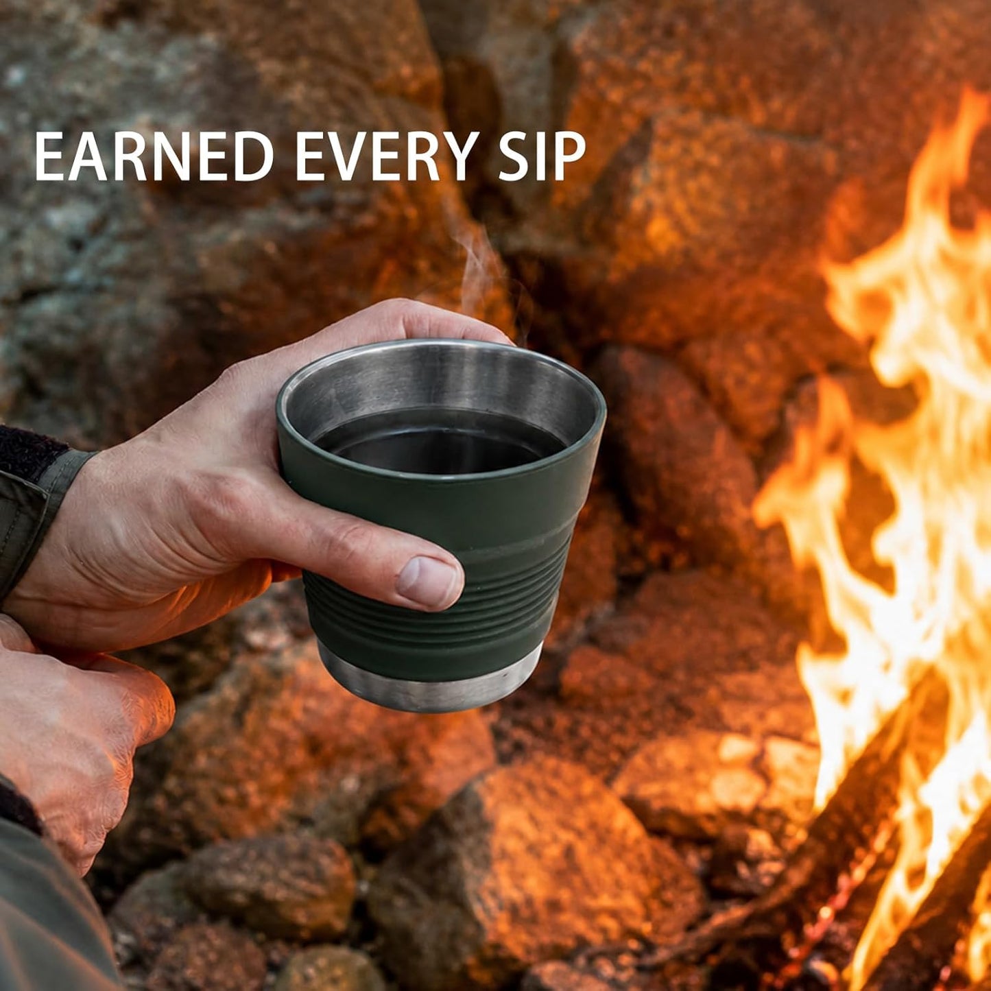 Ultralight Collapsible Travel Cup 16 oz, BPA Free Silicone & Stainless Steel Camping Mug, Foldable Portable Cup for Hiking, Backpacking, Outdoor Coffee Mug (Khaki)