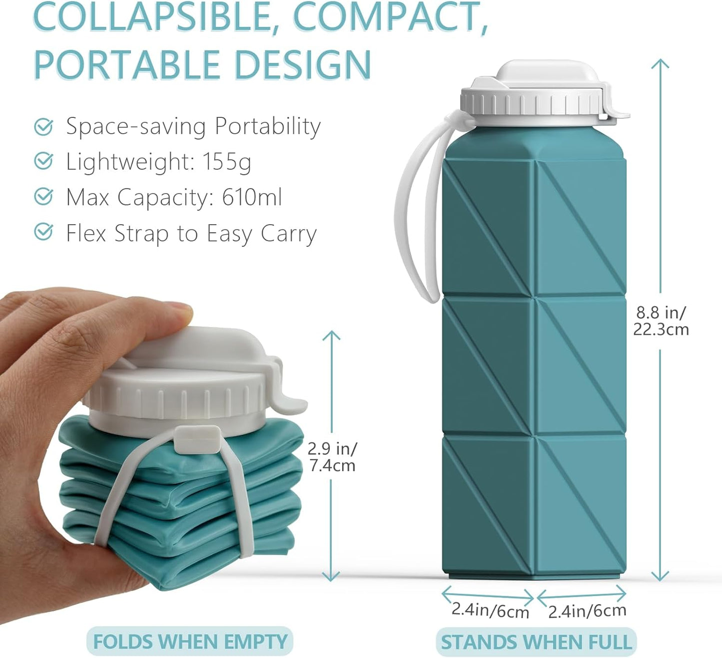 BEAUTAIL Collapsible Water Bottles 20.6oz, Silicone Foldable Portable Travel Water Bottle, Lightweight Reusable Leakproof for Traveling Camping Hiking Cycling Yoga Sports Outdoor