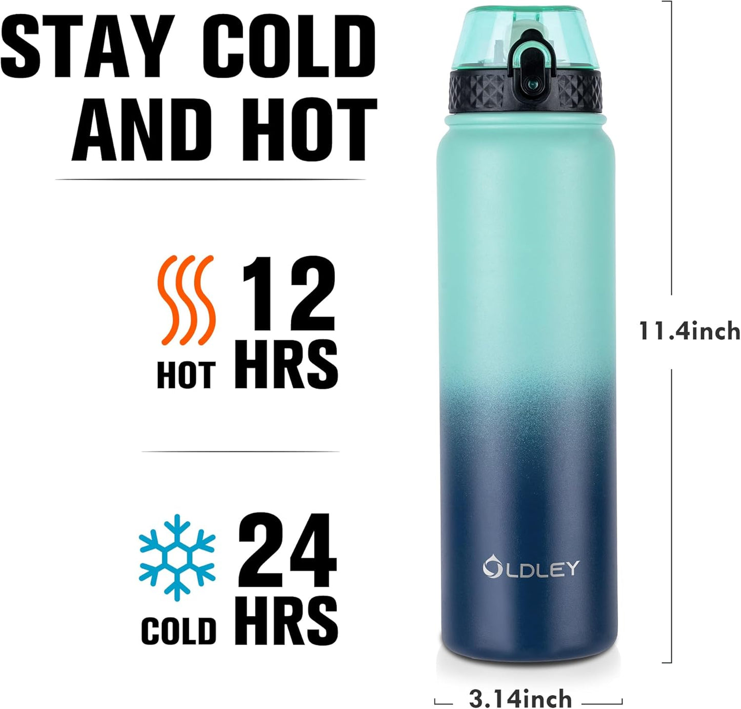 Oldley Insulated Water Bottle 20oz for Adults Kids Stainless Steel Water Bottles with Straw/Chug/Carabiner 3 Lids Fruit Strainer Double Wall Vacuum Wide Mouth BPA Free Leak-Proof for School Travel