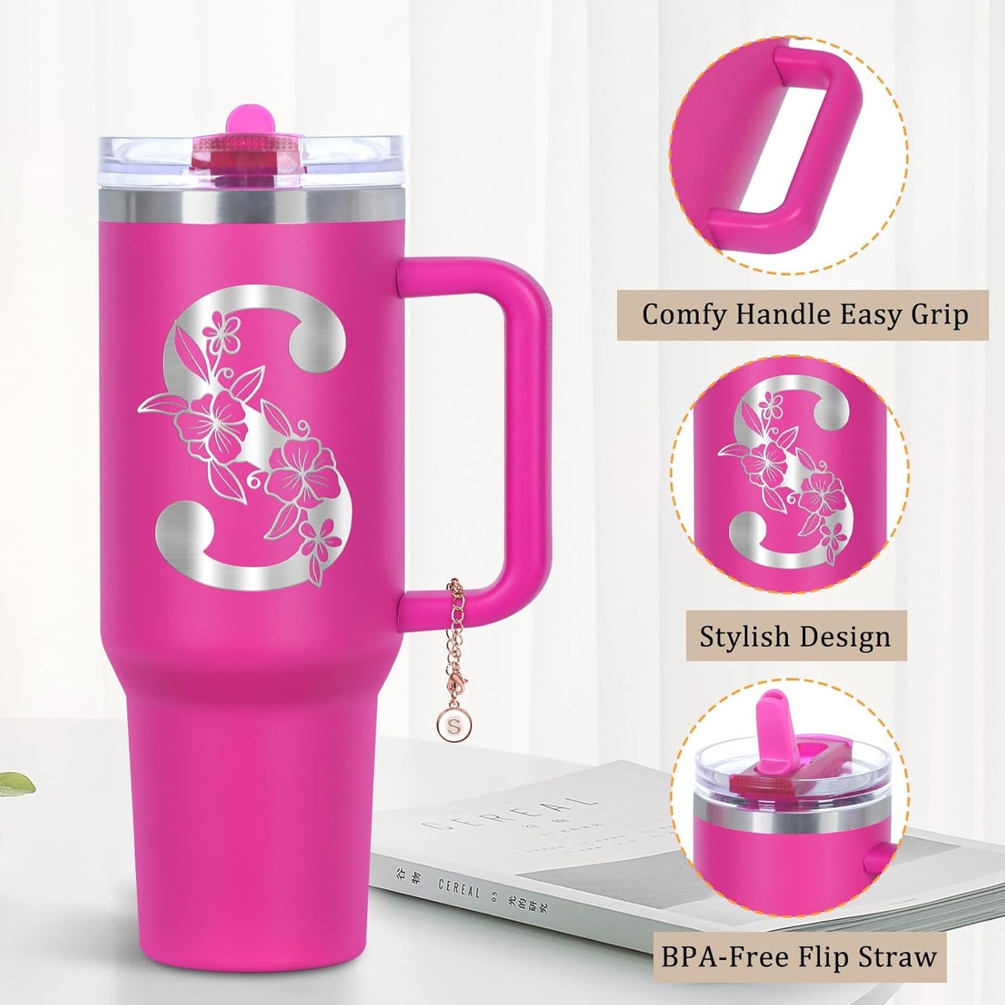Personalized 40 oz Monogrammed Tumbler with Handle and Flip Straw Lid, 100% Leak Proof stainless steel Insulated Tumbler, Customized Initial Funny Gifts for Women Mom Sisters Coworker, A