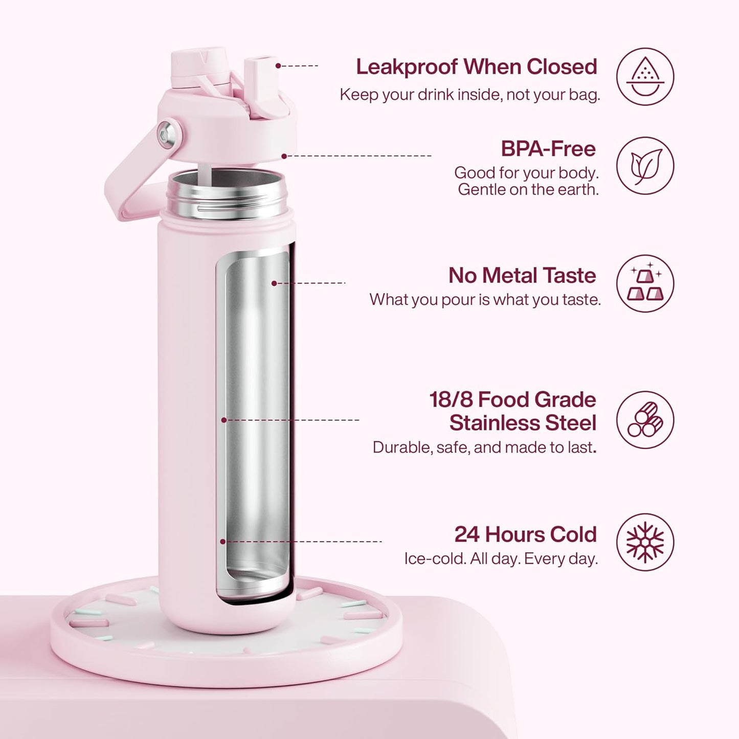 ENCOOL Insulated Water Bottle with Straw Stainless Steel Water Bottle, Leak-Proof, BPA-Free, Double Wall Vacuum Keeps Cold for 24 Hours for Sports, Travel, School (26 oz, Cotton Candy) - Colors D