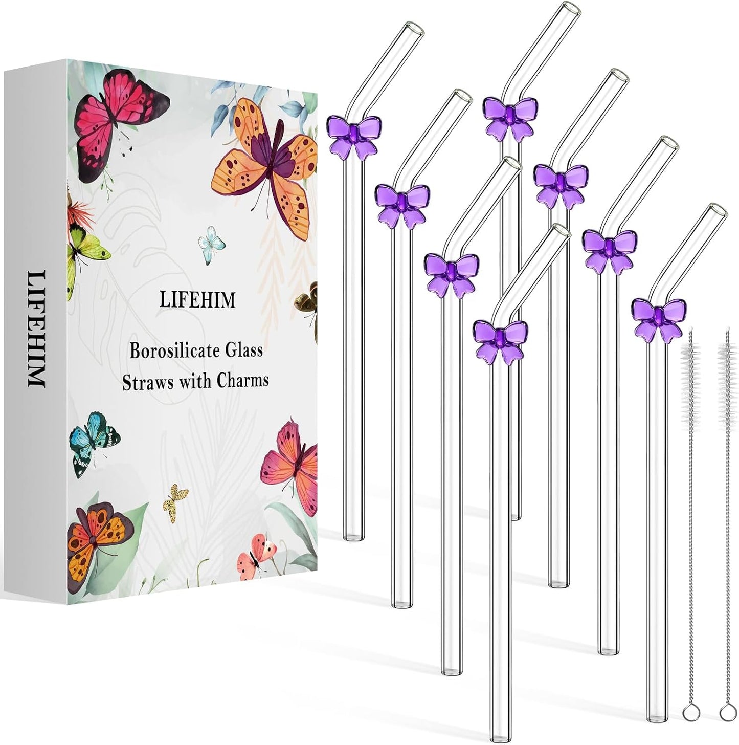 Borosilicate Glass Straws for 16 oz Tumbler, 9 inch 8mm BPA Free, Reusable Drinking Straws Clear Bent Skinny for Iced Coffee and Hot Drinks