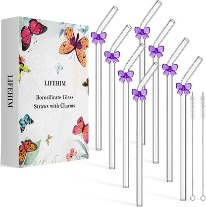 Borosilicate Glass Straws for 16 oz Tumbler, 9 inch 8mm BPA Free, Reusable Drinking Straws Clear Bent Skinny for Iced Coffee and Hot Drinks