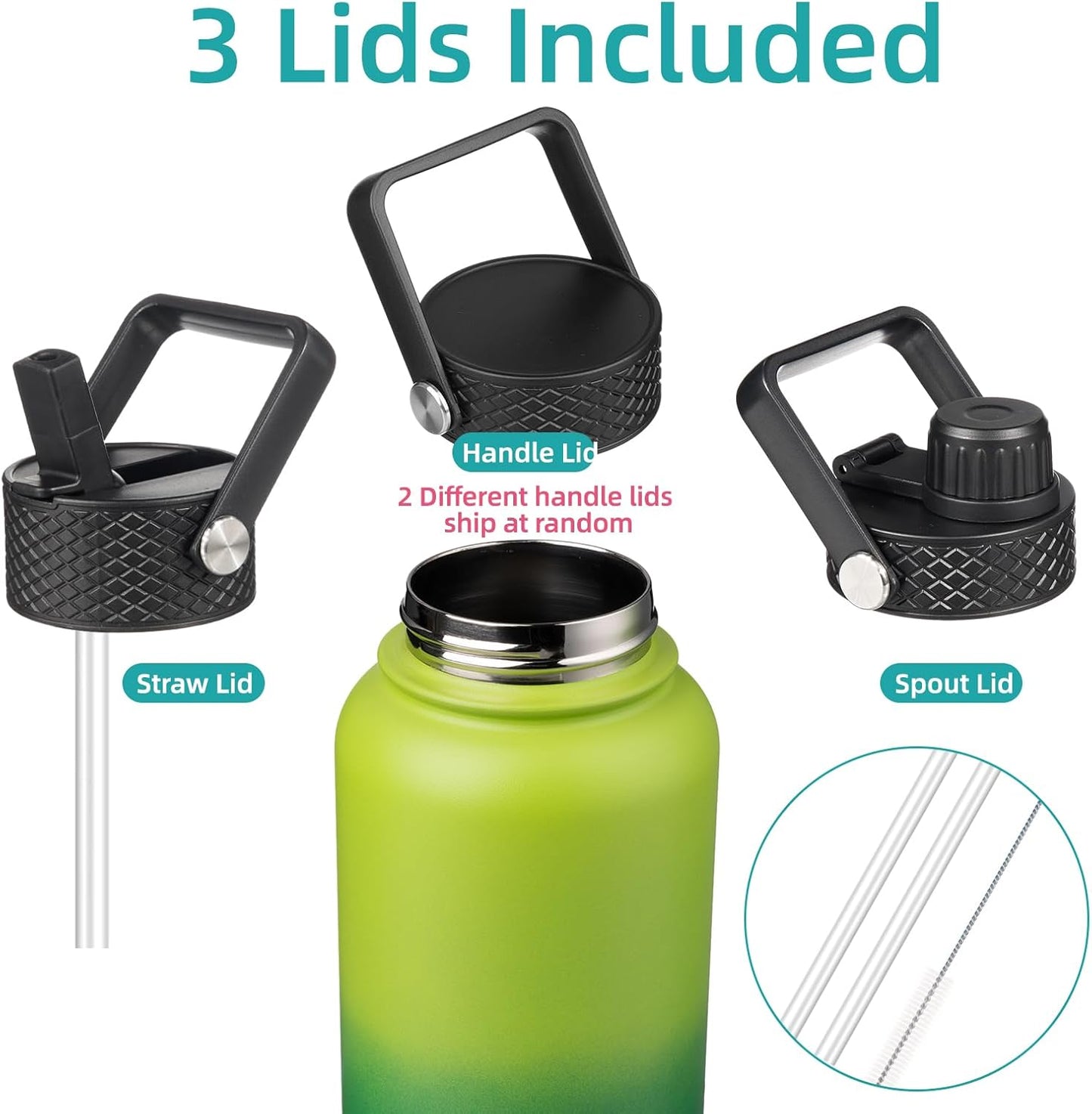 Konokyo 22oz Stainless Steel Bottles with 3 Lids Sport Insulated Water Bottle,Mint