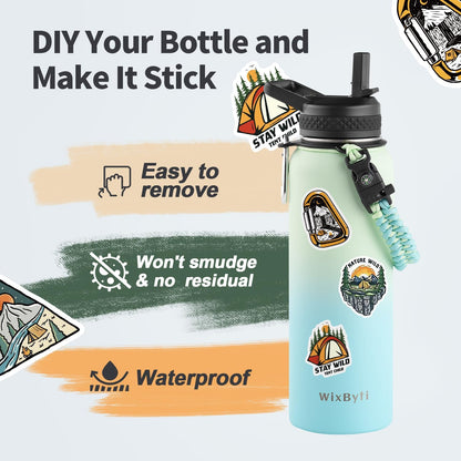 WixByti 40 oz Insulated Water Bottle with Straw (Cold for 36 Hrs), Stainless Steel Triple Wall Vacuum Sports Water Jug, Leakproof Hydro Cup Flask with Paracord Handle & Straw Spout Lids & DIY Stickers
