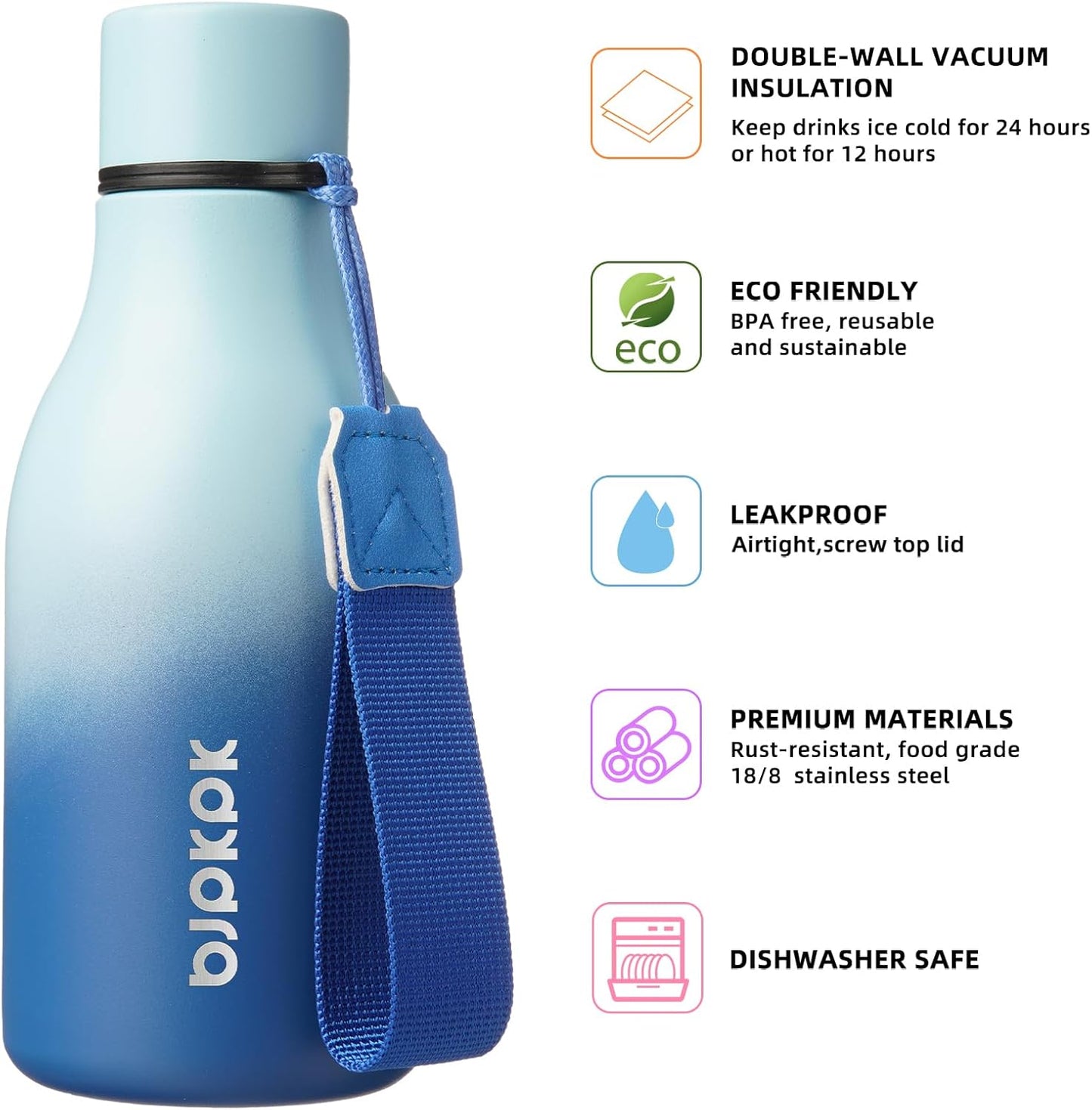 BJPKPK Insulated Water Bottles, 18 oz Stainless Steel Metal Water Bottle with Strap, BPA Free Leak Proof Jugs, Mugs, Flasks, Reusable Thermal Flasks for Sports & Travel, Black - Colors B