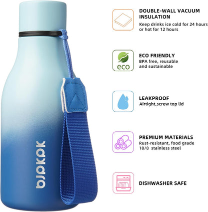 BJPKPK Insulated Water Bottles, 18 oz Stainless Steel Metal Water Bottle with Strap, BPA Free Leak Proof Jugs, Mugs, Flasks, Reusable Thermal Flasks for Sports & Travel, Black - Colors B