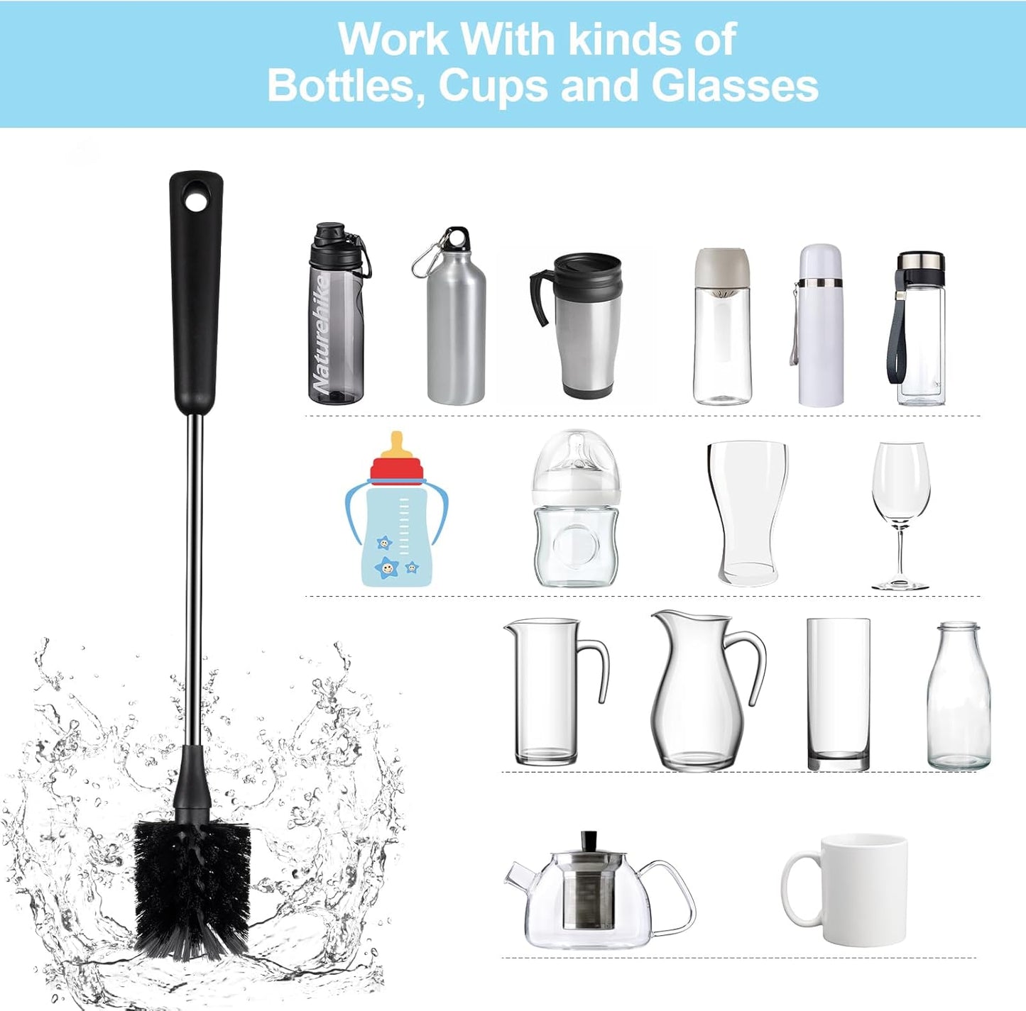 [4 Pack] Bottle Brush, 15 Inches Stainless Steel Long Handle Baby Bottle Scrub Cleaning Brushes with Straw & Lid Brushes for Sports Water Bottle, Cups, Coffee Mugs, Glasswares
