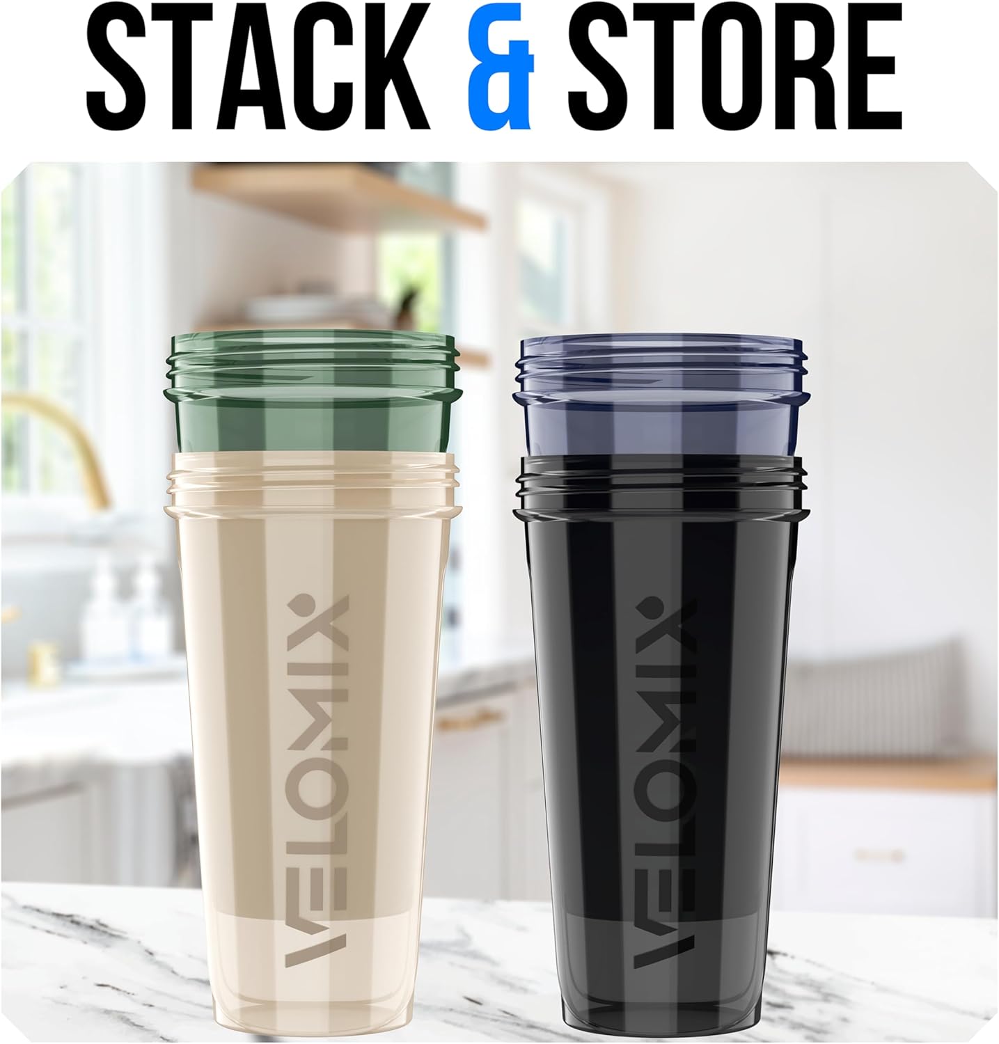 VELOMIX -4 PACK 28 Oz Protein Shaker Bottle for Protein Mixes - 4x Wire Whisk | Leak Proof Shaker Cups for Protein Shakes | Large, Stackable Protein Shaker Bottles Pack | Dishwasher Safe (Aqua Depths)