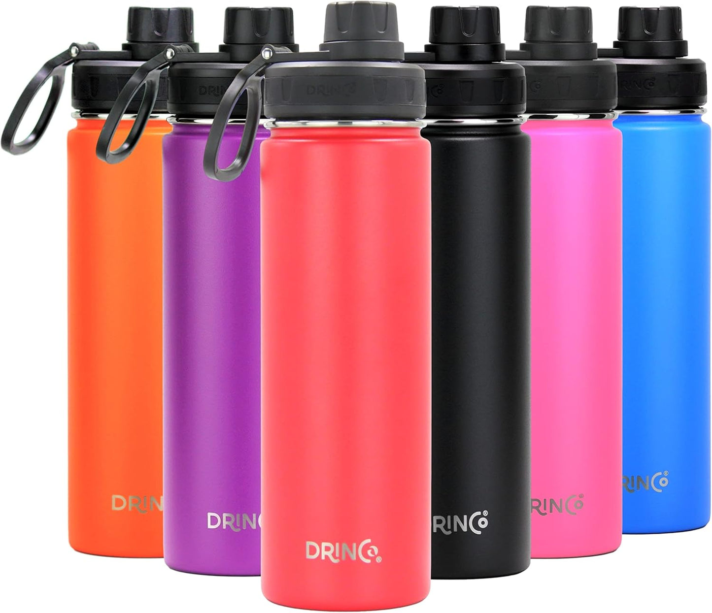 Drinco Stainless Steel Water Bottle Spout Lid Vacuum Insulated Double Wall Water Bottle Wide Mouth (40oz 32oz 22oz 18oz 14oz) Leak Proof Keep Cold Sport Camping Hiking (22 oz, 22oz Black)