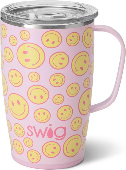 Swig Life 18oz Travel Mug, Insulated Tumbler with Handle and Lid, Cup Holder Friendly, Dishwasher Safe, Stainless Steel, Travel Coffee Cup (Honey Meadow)