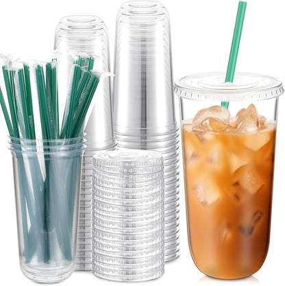 Baderke 25 Set Plastic Cups with Lids and Straws, Disposable Plastic Iced Coffee Cup for Cold Beverage Juice Smoothie Crystal for Coffee Shops Party Catering(Clear,16 oz)