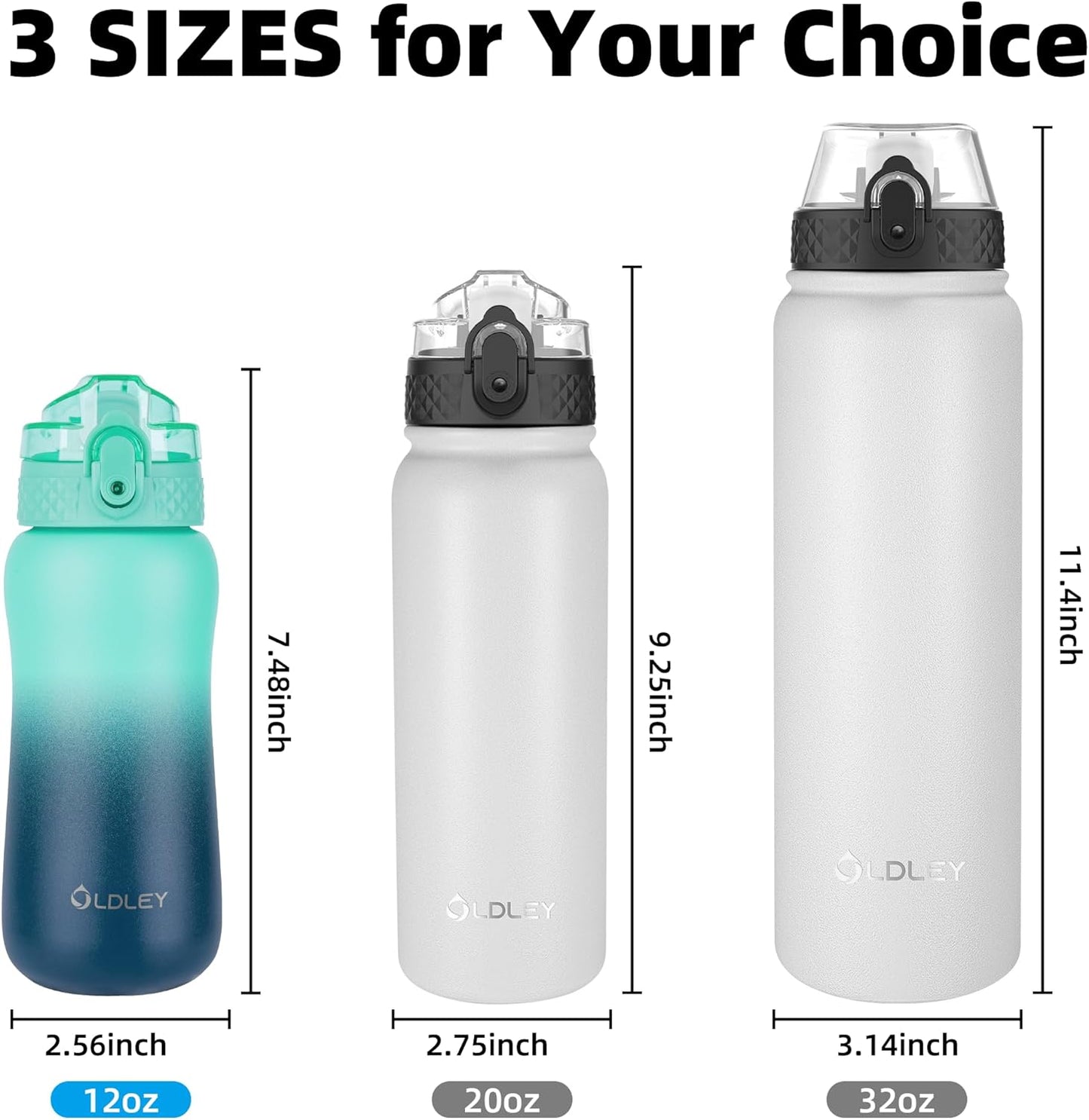 Oldley Insulated Water Bottle 20oz for Adults Kids Stainless Steel Water Bottles with Straw/Chug/Carabiner 3 Lids Fruit Strainer Double Wall Vacuum Wide Mouth BPA Free Leak-Proof for School Travel