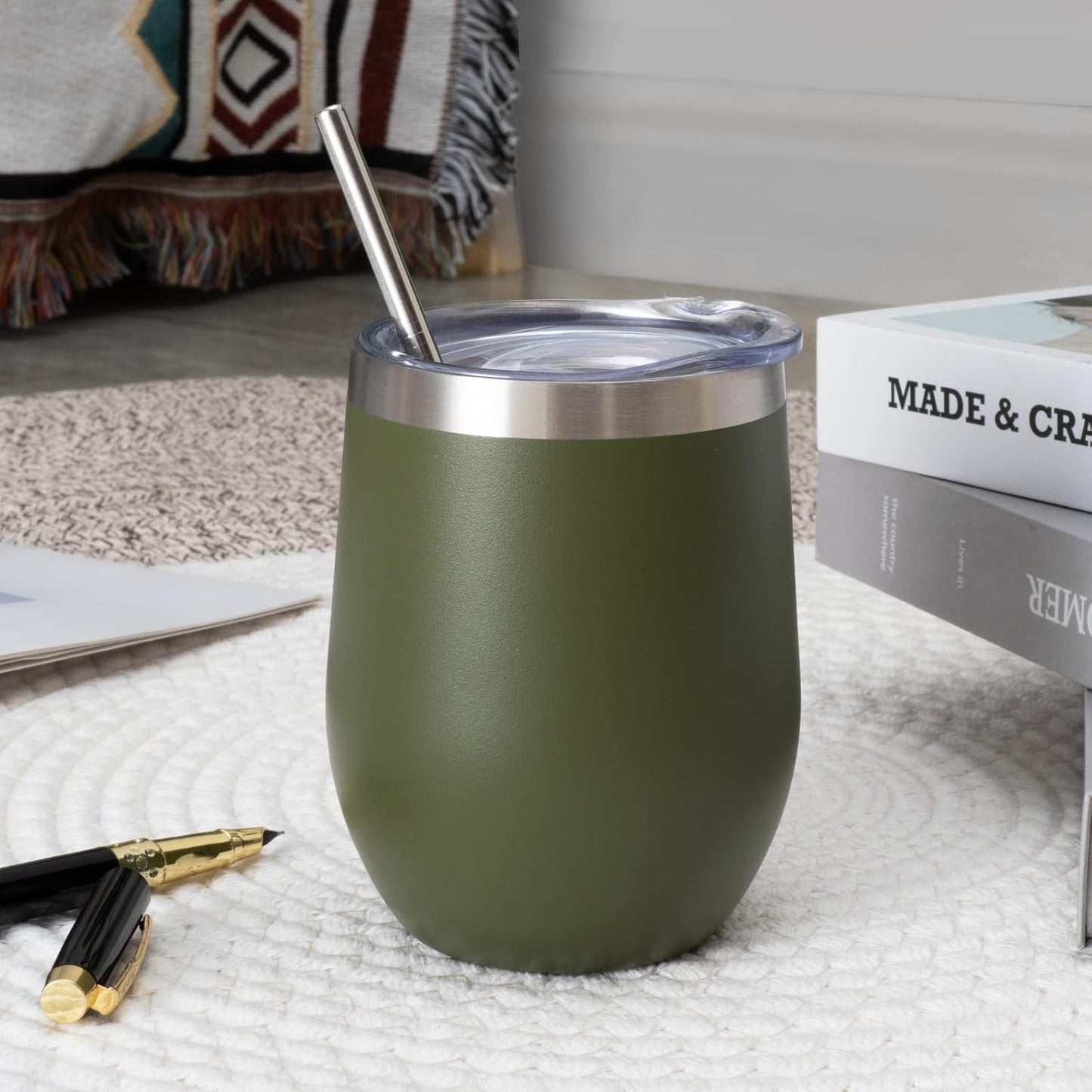 12 oz Insulated Wine Tumbler with Lid and Straw,Stainless Steel Stemless Wine Tumbler Glasses Double Wall Vacuum Wine Cups Tumbler for Coffee,Champaign,Cocktail,Office（Silver,1）