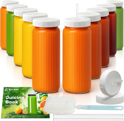 Ruckae 16oz 10 Pack Juice Bottles, Glass Bottles with Lids, Smoothie Cup Lids and Straws, Water Bottle Mason Jar Drinking Glasses for Juicing, Smoothies, Kombucha