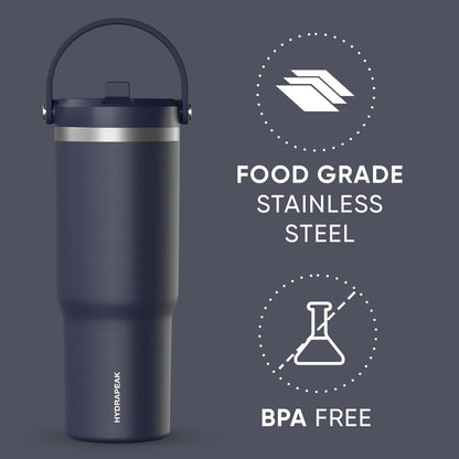 Hydrapeak Nomad 32oz Insulated Stainless Steel Travel Tumbler with Handle & Straw Lid, Leakproof, Cupholder Friendly, Keeps Drinks Cold 24 Hours, Reusable Bottle for Daily Hydration (Pale Sage)