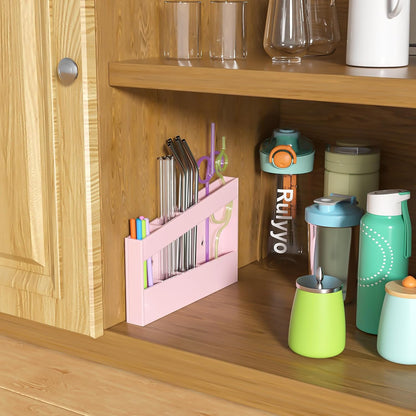 Acrylic Straw Holder for Cabinet - 9.5 Inch Clear Reusable Straw Organizer Dispenser with Ultra Sticky Adhesive Tapes, Slanted Kitchen Accessories Container Cupboard Door Mounted