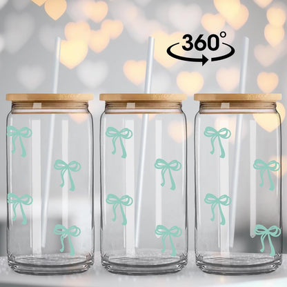 Coquette Cute Pink Bow Glass Cups with Lids and Straws, Aesthetic Iced Coffee Matcha Cup, Girly Preppy Design Tumbler Mug, Valentines Christmas Birthday Gifts for Women, Teen Girl Gifts Trendy Stuff