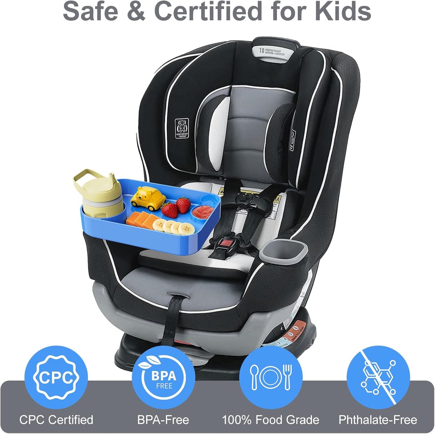 Car Seat Snack Tray for Toddlers - 3 Inch Cup Holder Fits Most Sippy Cups & Straw Bottles with Dip Well, Mess-Free Square Kids Travel Tray Road Trip Essentials, Black