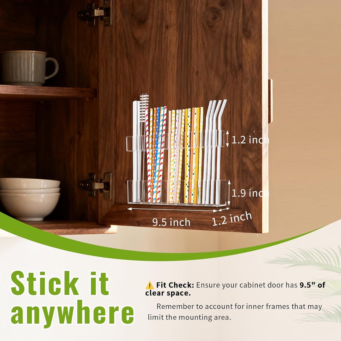Mpotmiy 9.5” Large Acrylic Straw Holder for Cabinet Door-Reusable Tumbler Straw Organizer with Ultra Sticky Adhesive Tape ,Plastic Kitchen Accessories Container for Inside Cupboard Door (Transparent)