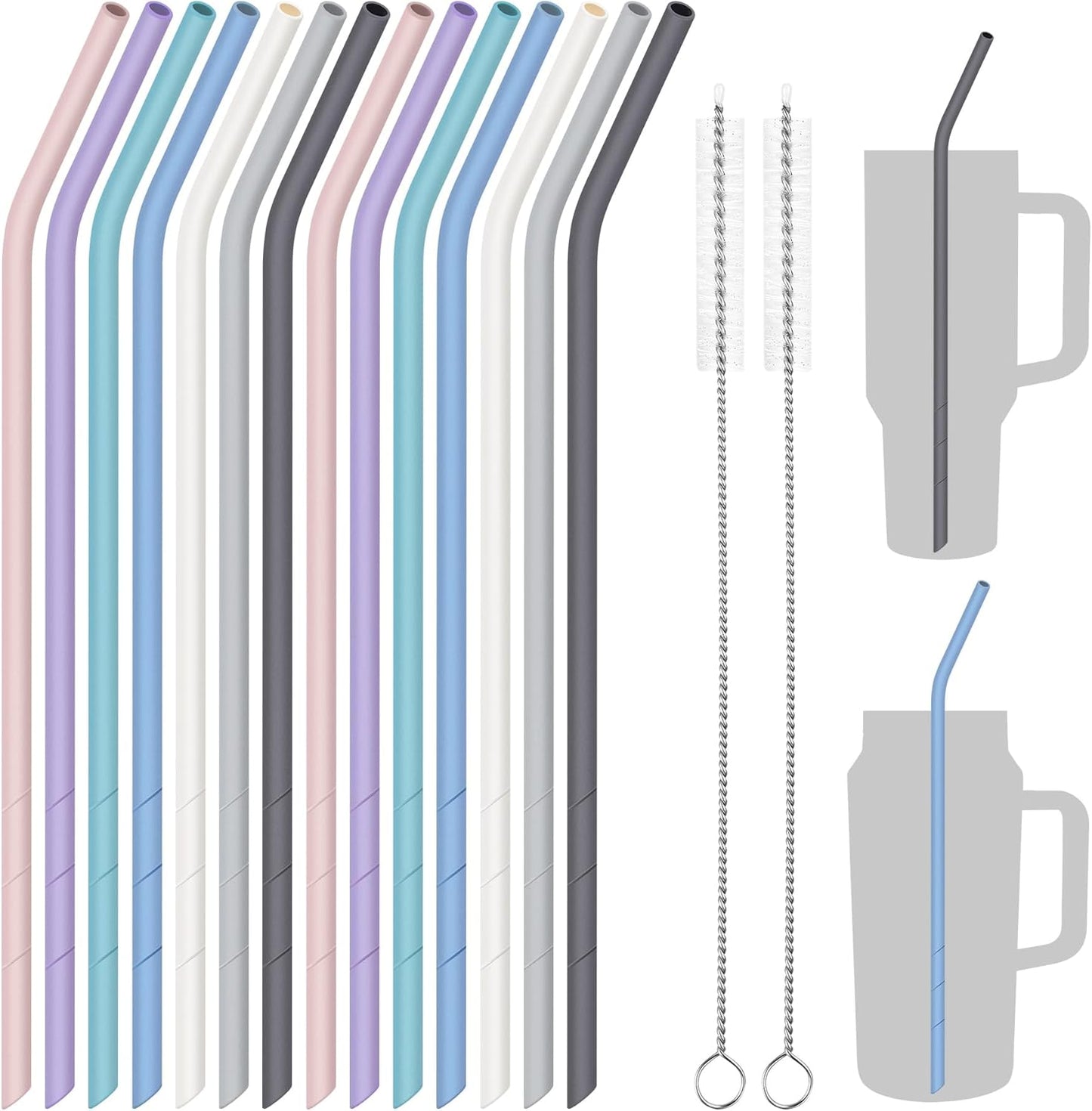 NiHome 14PCS Silicone Straws Fit for Stanley 40oz 30oz Tumbler, 14” Extra Long Reusable Drinking Straw, Flexible Can Cut Length for 1/Half Gallon 75 64 OZ Large Water Bottle - 2 Brushes (Rainbow)
